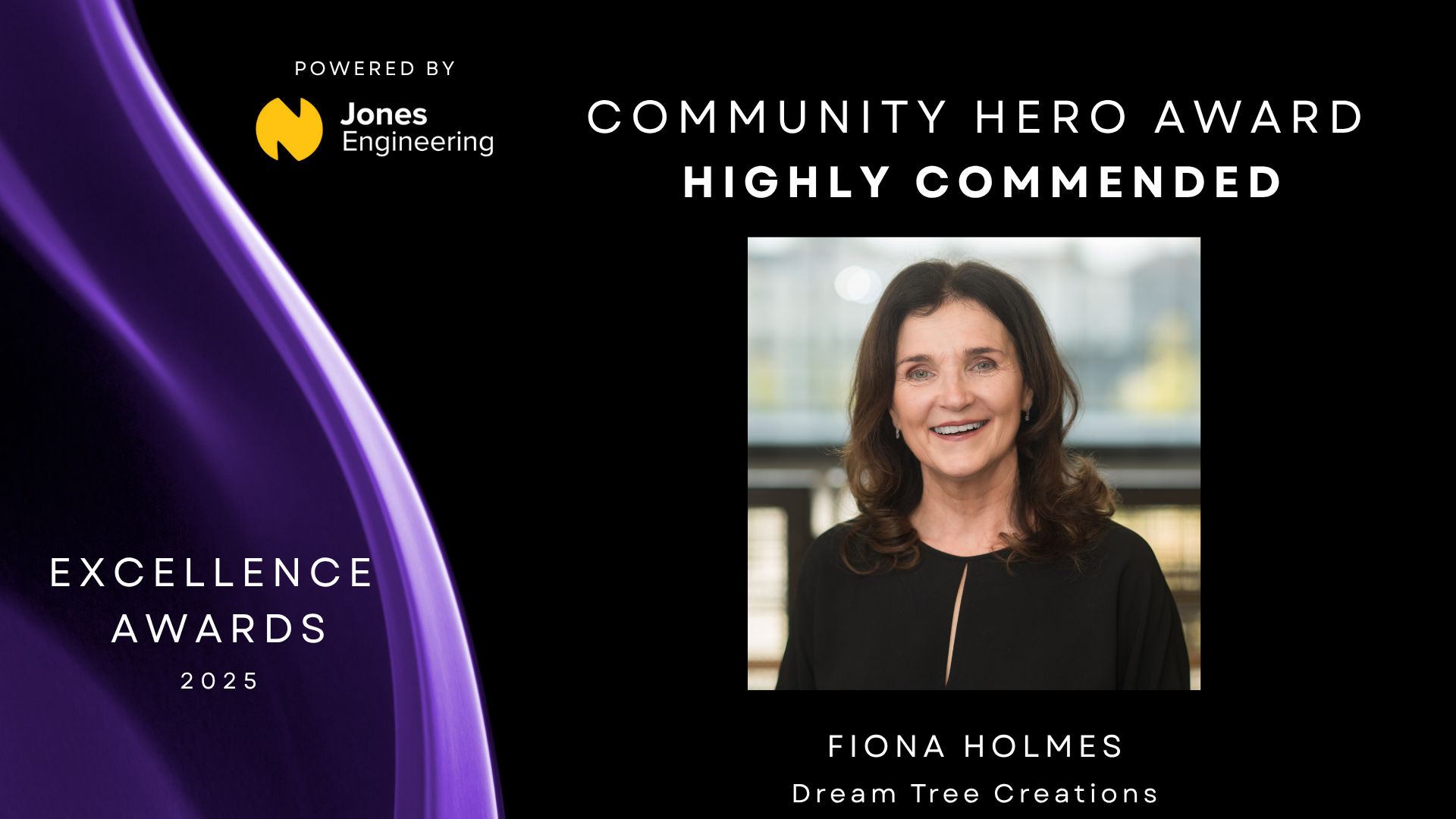 Black background with purple to left and headshot of Fiona Holmes to the right
