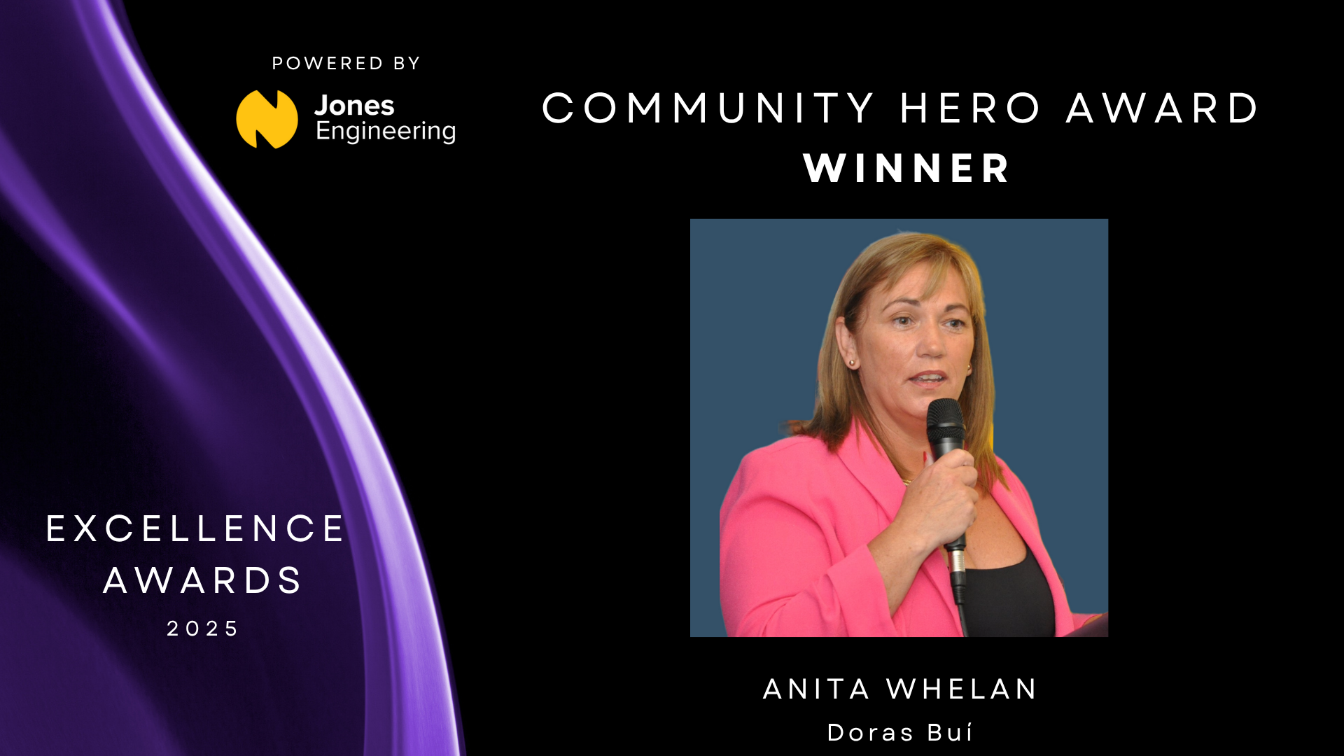 Black background with purple to left with headshot of Anita Whelan to the right