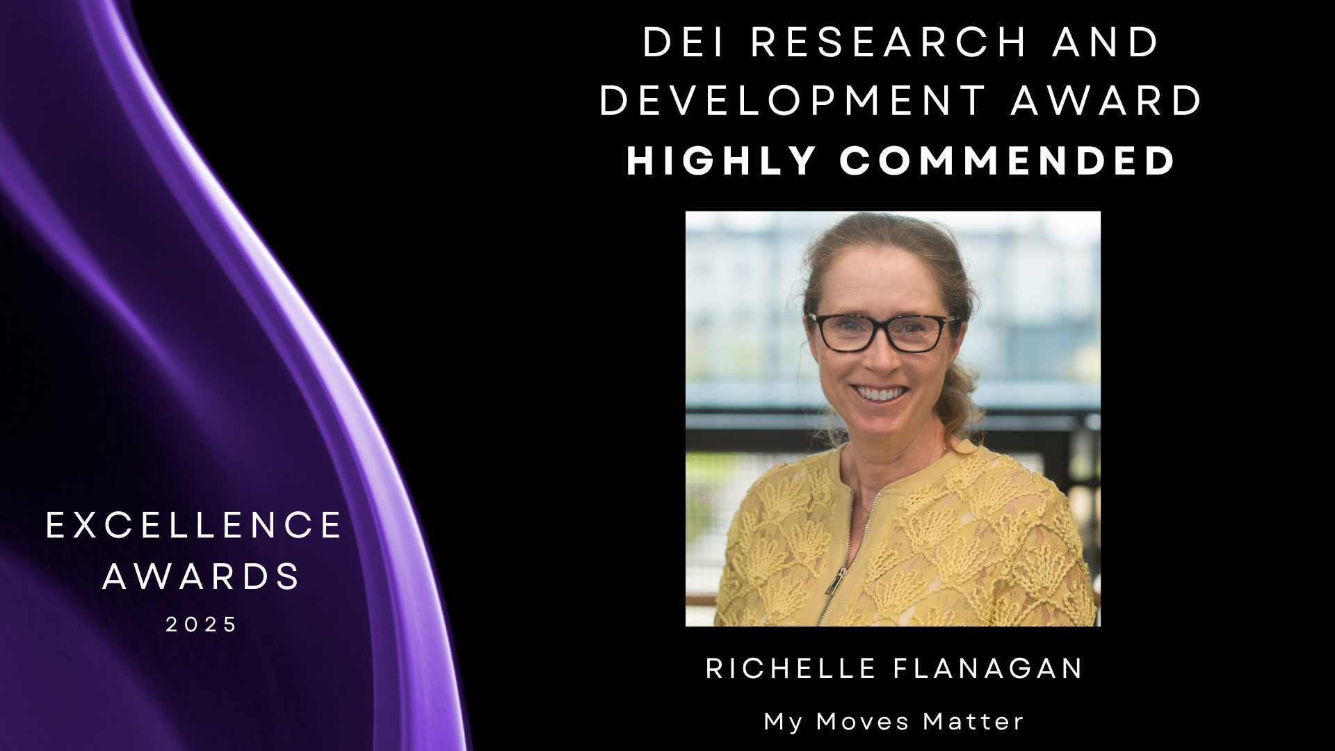 Black background with purple to left and headshot of Richelle Flanagan to the right