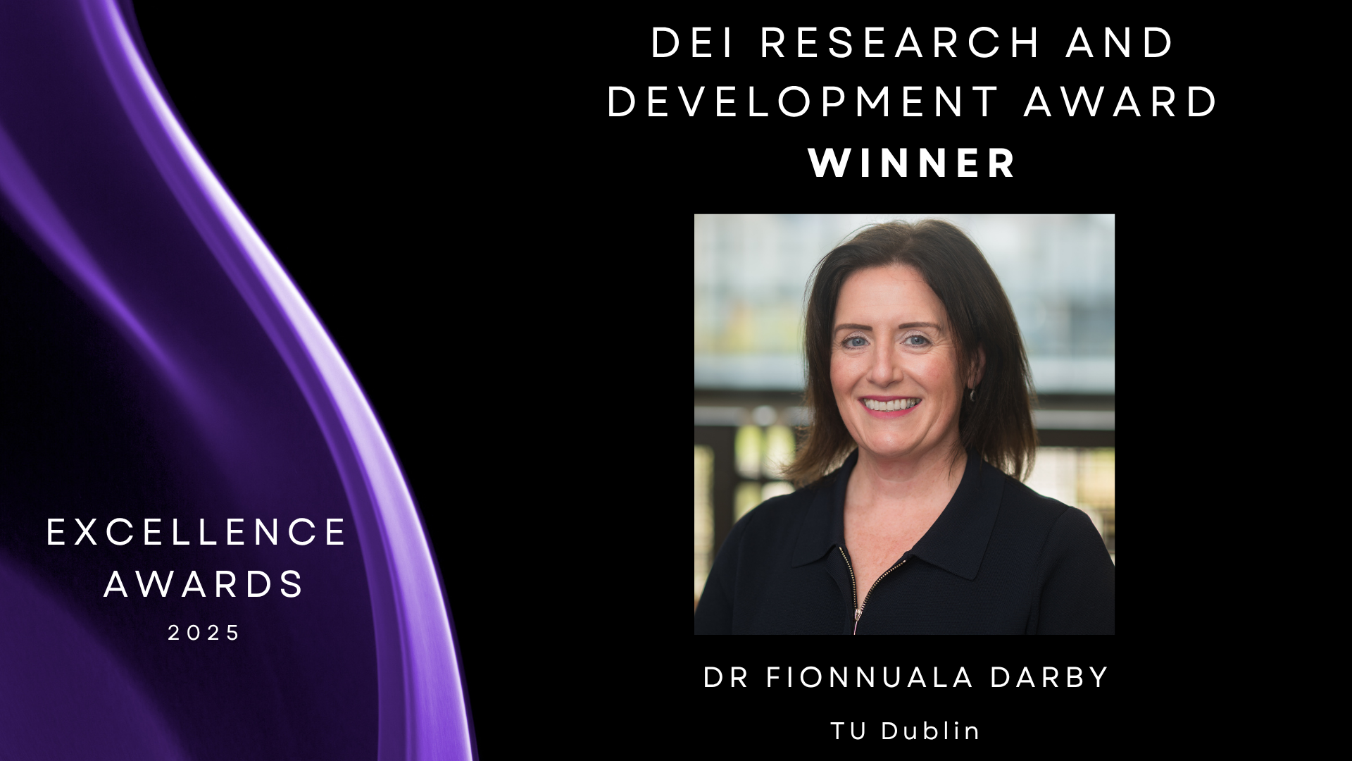 Black background with purple to left and headshot of Fionnuala Darby on right
