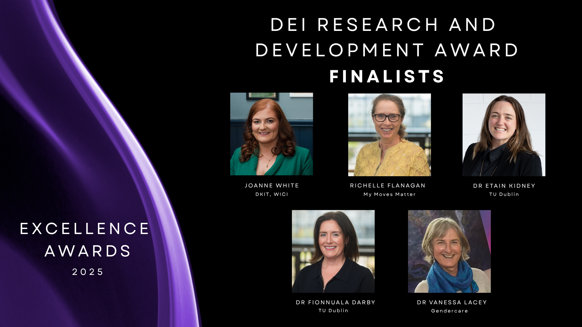 Black background with purple to left and 5 finalists headshots to right.