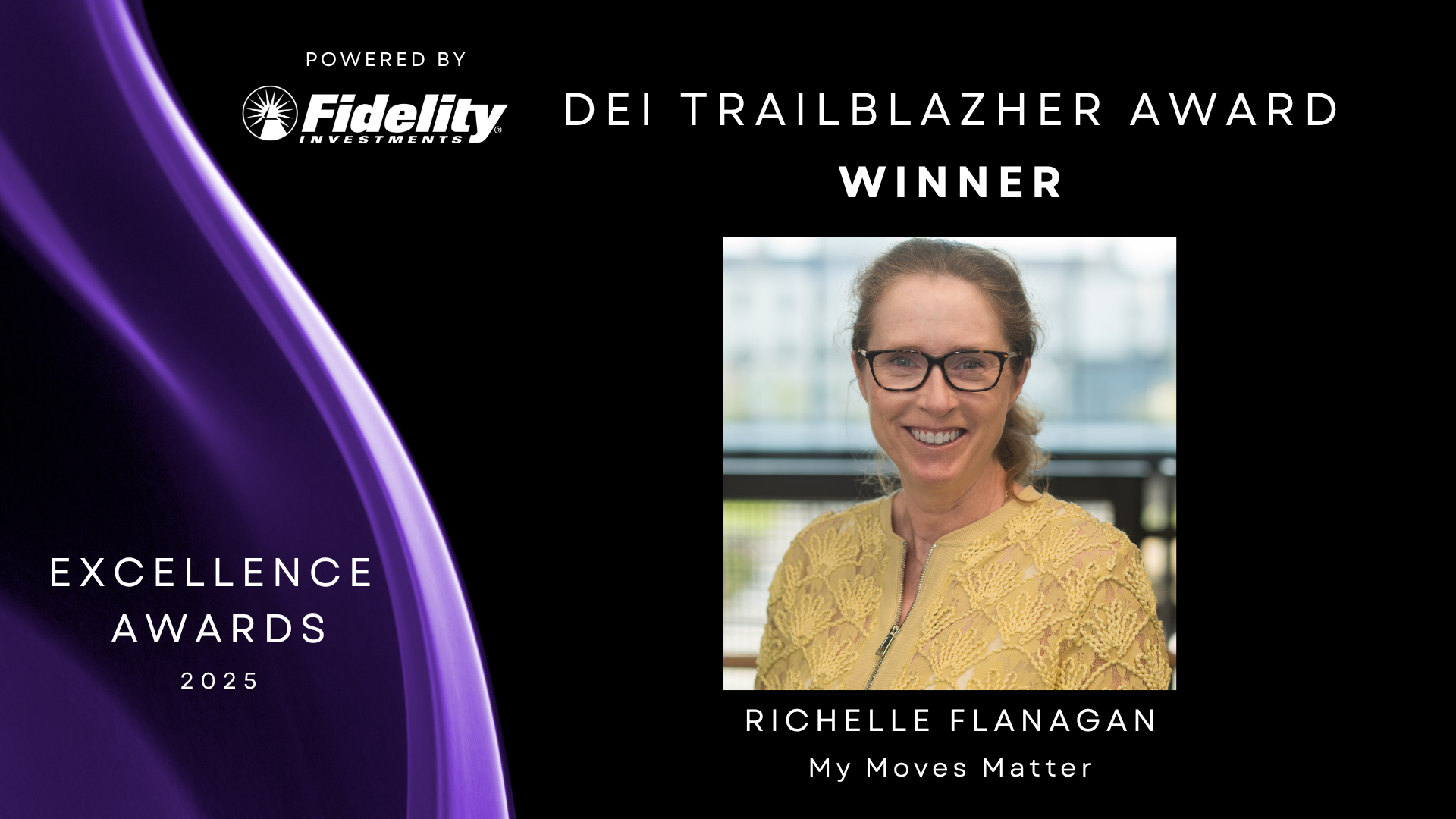 Black background with purple to left with headshot of Richelle Flanagn to right