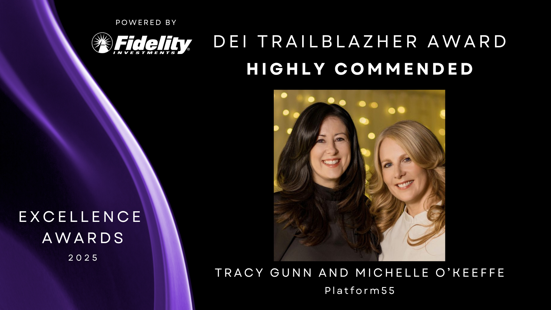 Black background with purple to left with headshot of Platform55 founders to the right