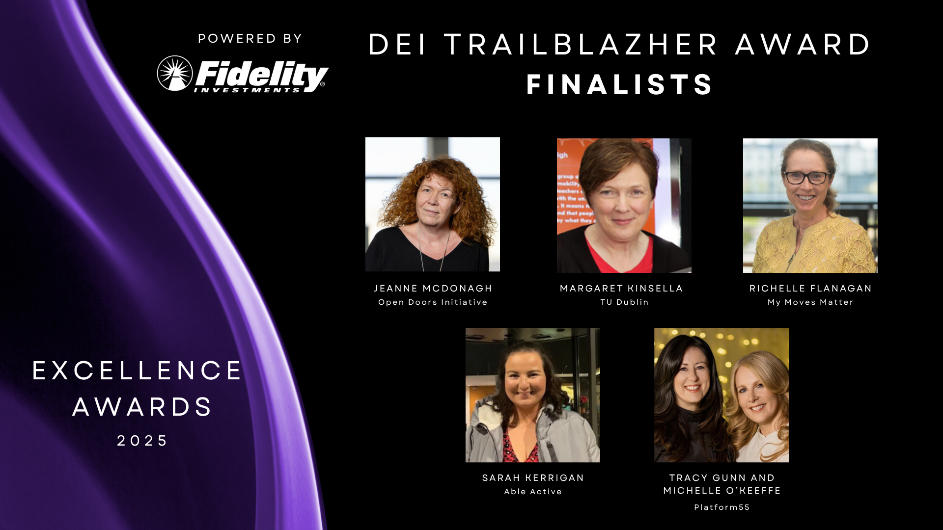 Black background with purple drape to the left with 5 finalists headshots to the right