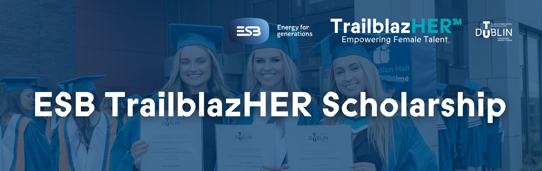 Blue overlay on image of three young white women holding their certificate after a graduation overlain by these words in white 