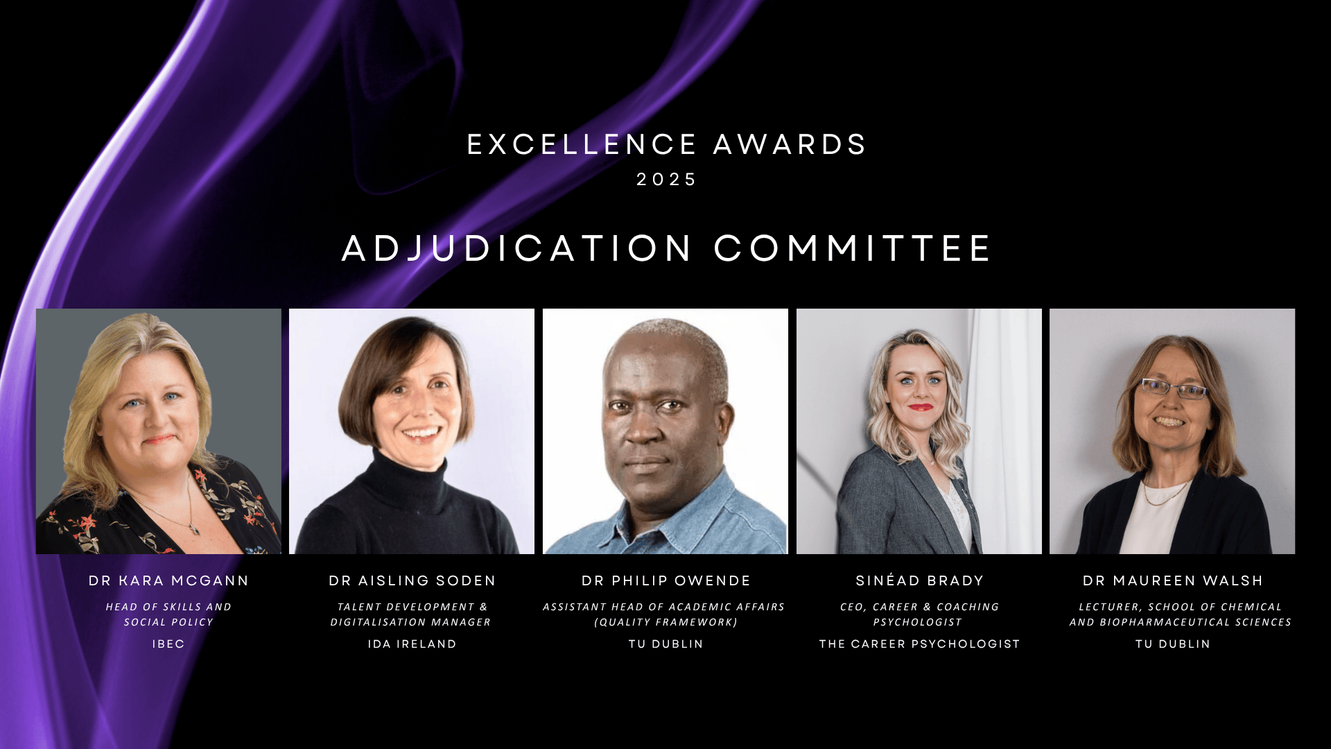 Black background with purple drape to the left with 5 headshots and their names and job titles underneath