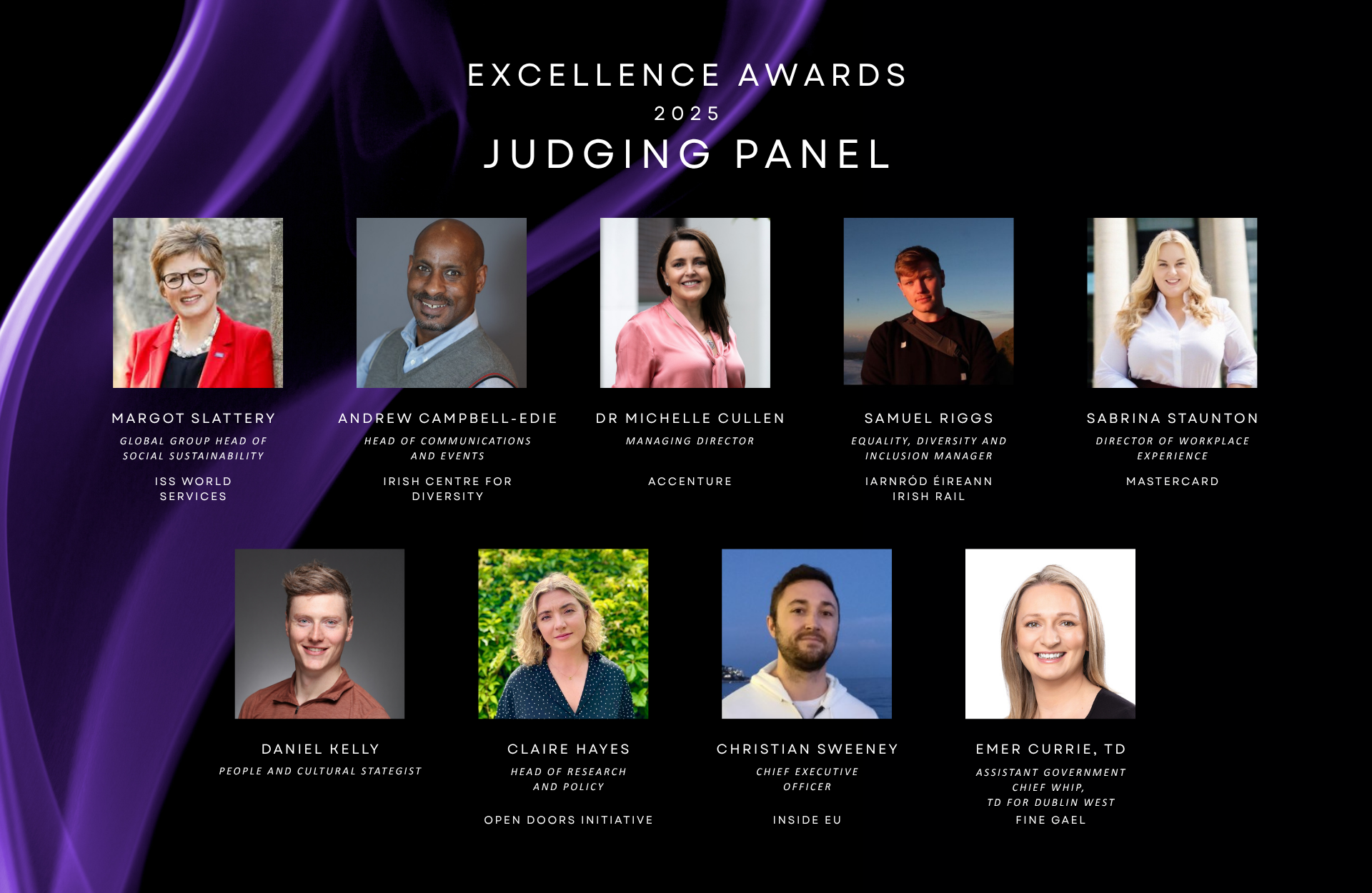 Black background with purple drape to the left. Square headshots of nine members of the judging panel are across the page with their titles and organisatoins underneath,