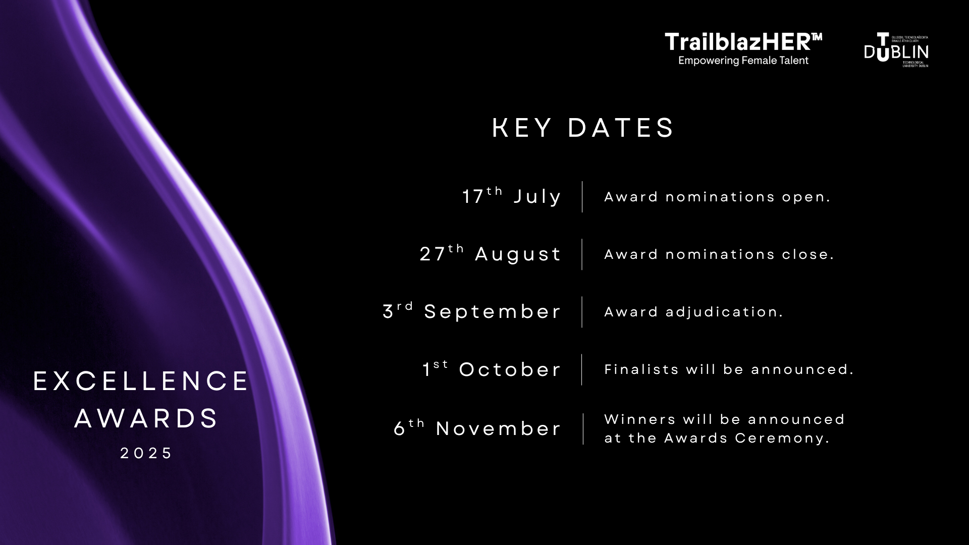 Black background with purple drape off centre with TU Dublin and TrailblazHER logos top right and a series of key dates listed below