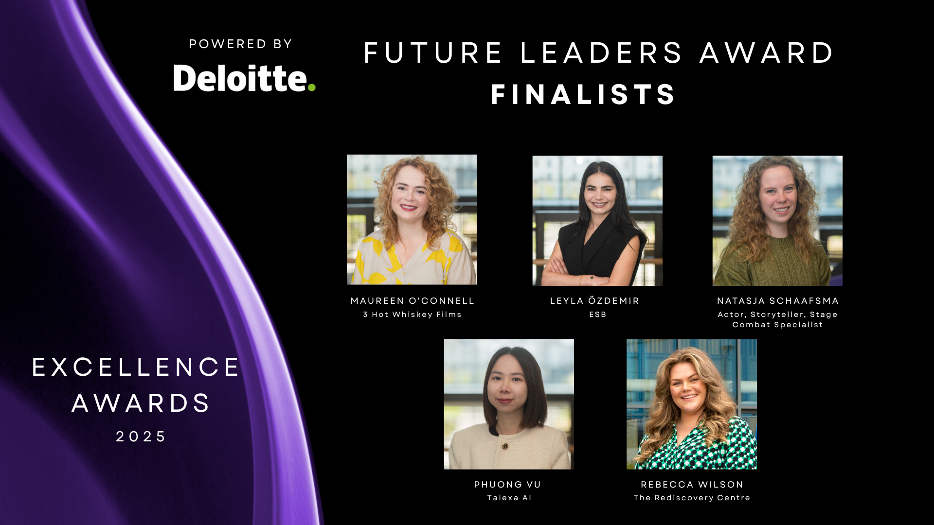 Black background with purple drape to the left with 5 finalists headshots to the right