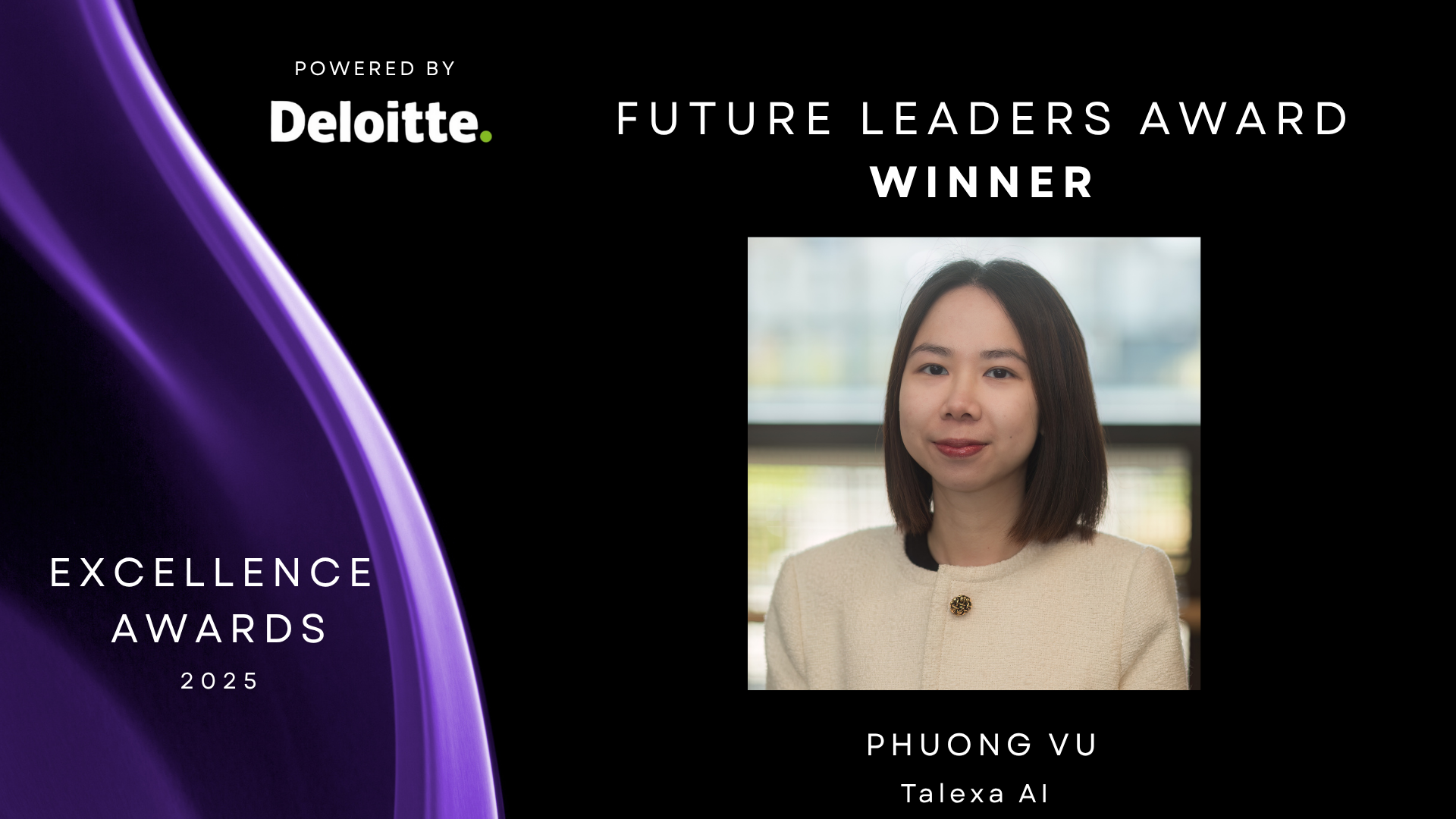 Black background with purple to left and headshot of Phuong Vu to right