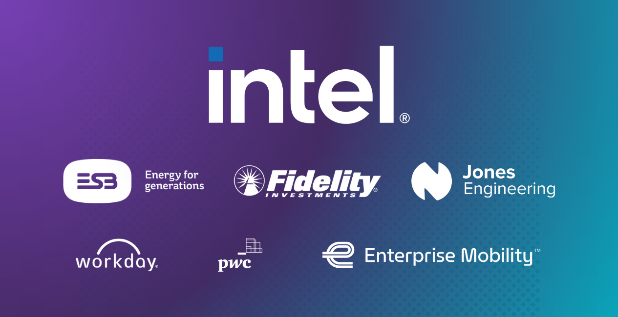 A list of business logos including Intel, ESB, Jones Engineering, Fidelity Investments, Workday, PwC and Enterprise Mobility