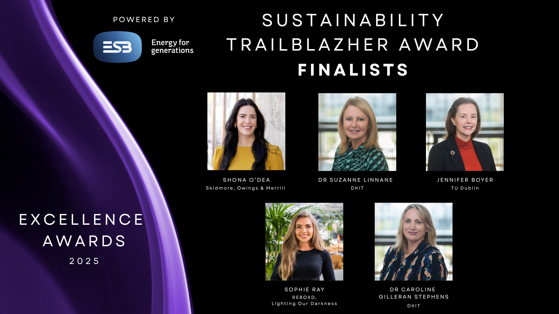 Black background with purple to left and 5 finalists headshots to right.