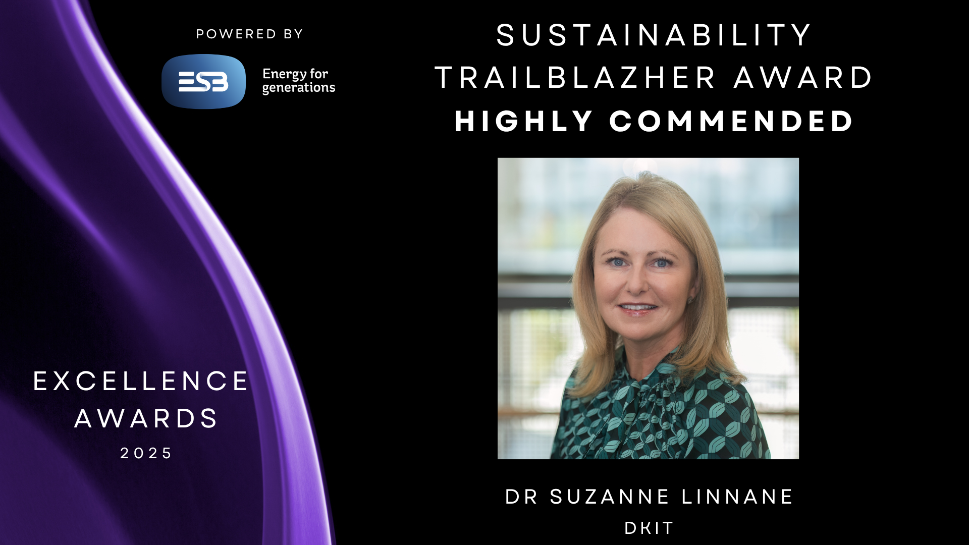 Black background with purple to left with headshot of Suzanne Linnane