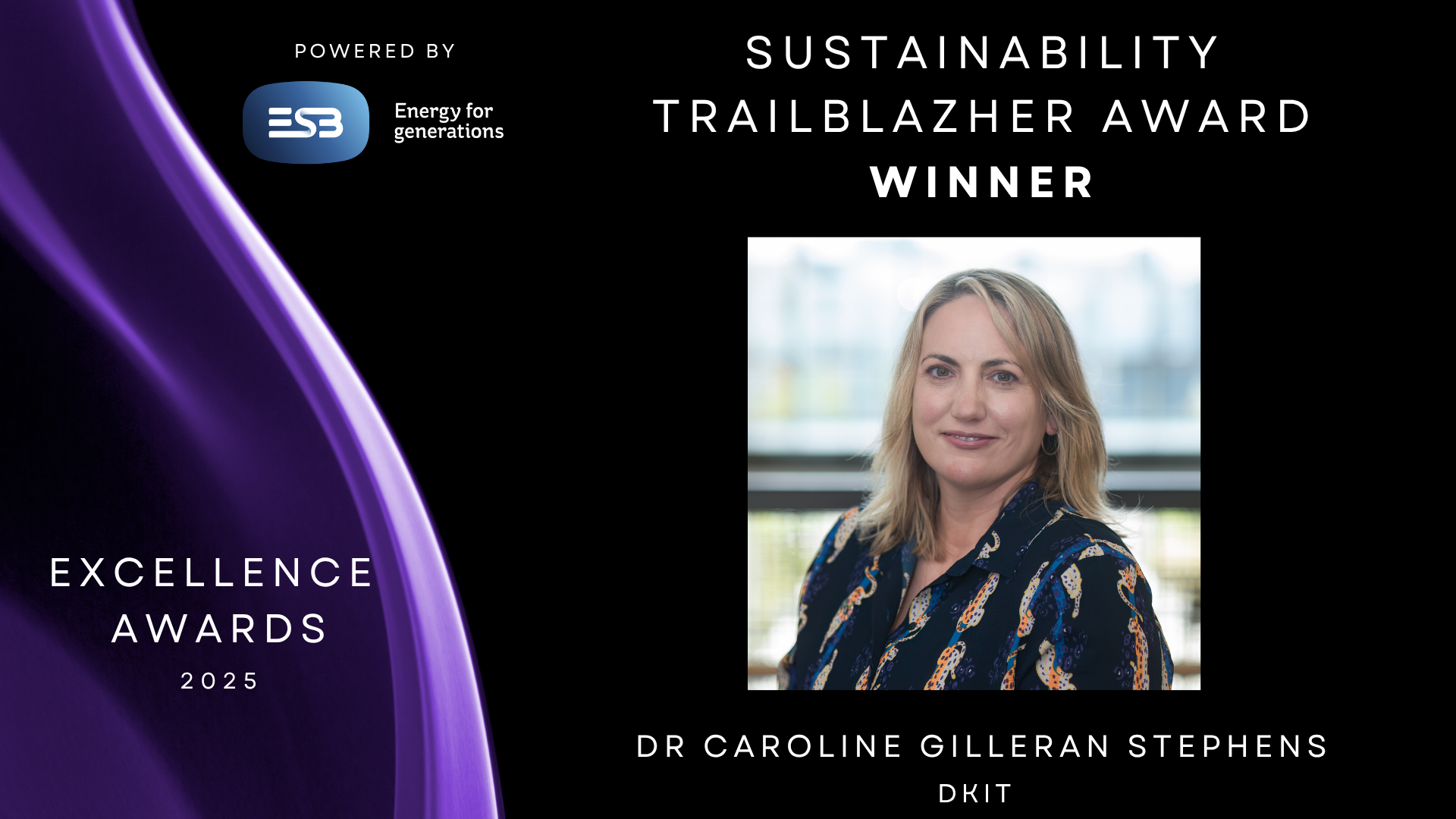 Black background with purple to left with headshot of Caroline Gilleran to right