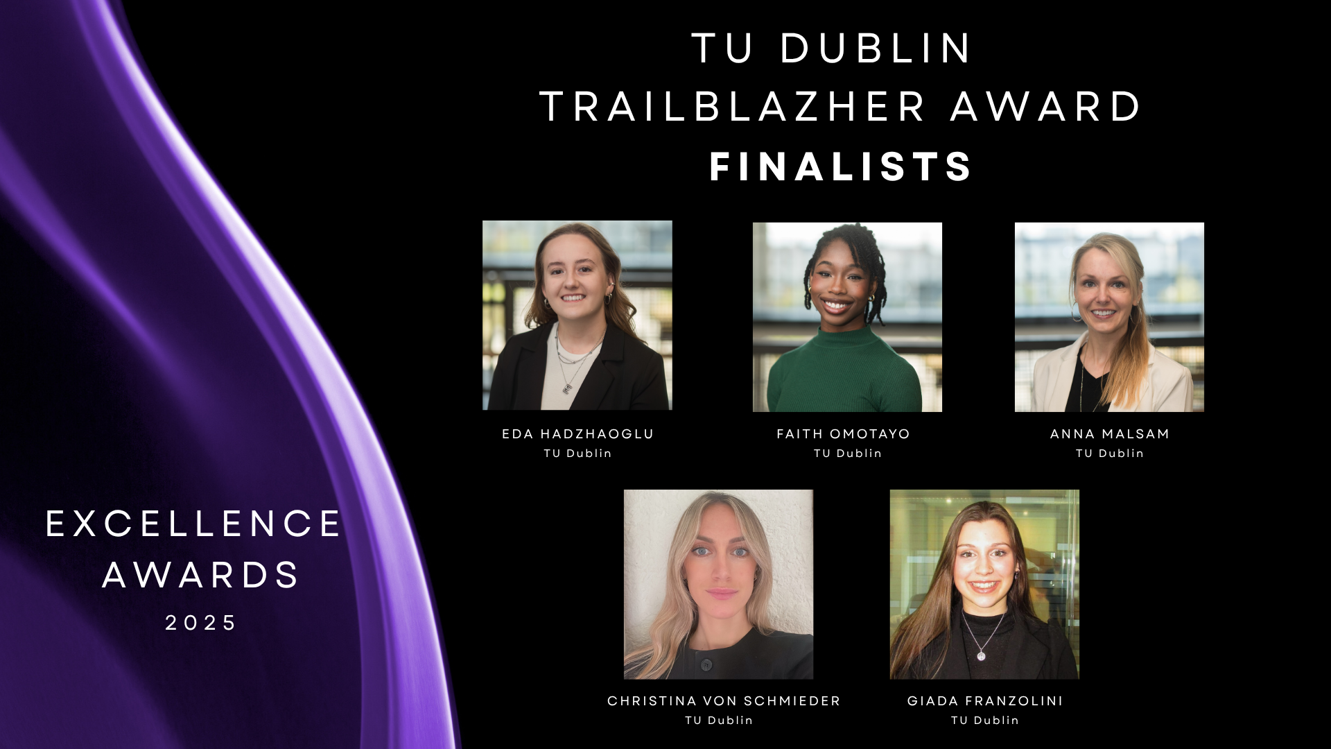 Black background with purple drape to the left with 5 finalists headshots to the right