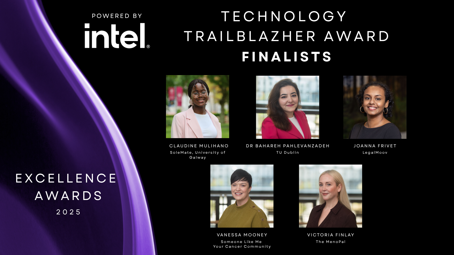 Black background with purple drape on left. Headshots of 5 finalists to the right.