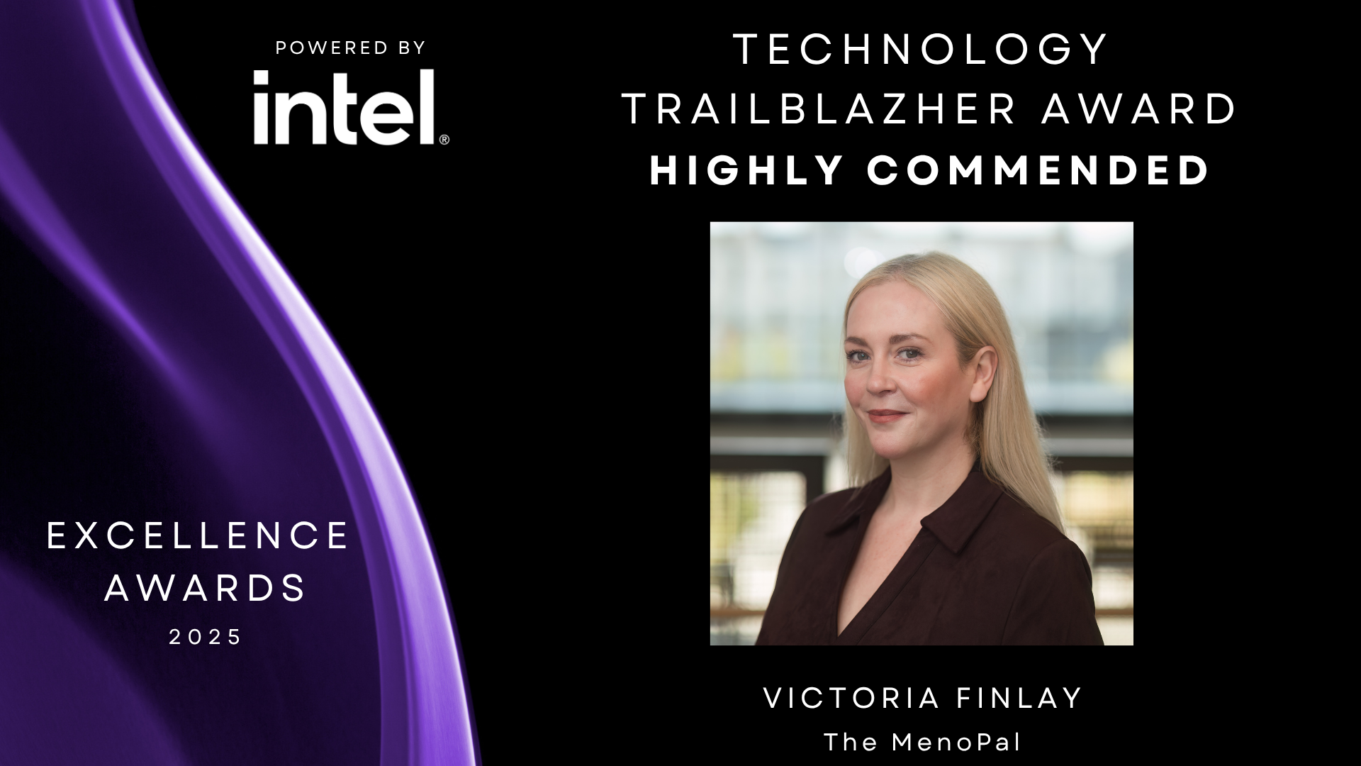 Black background with purple to left and headshot of Victoria Finlay to the right