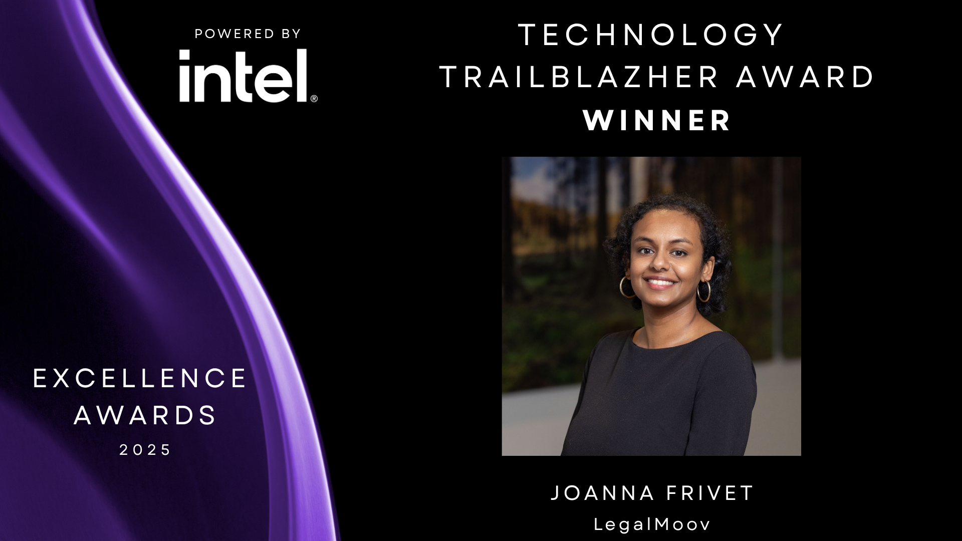 Black background with purple with headshot of Joanna Frivet - LegalMoov to the right