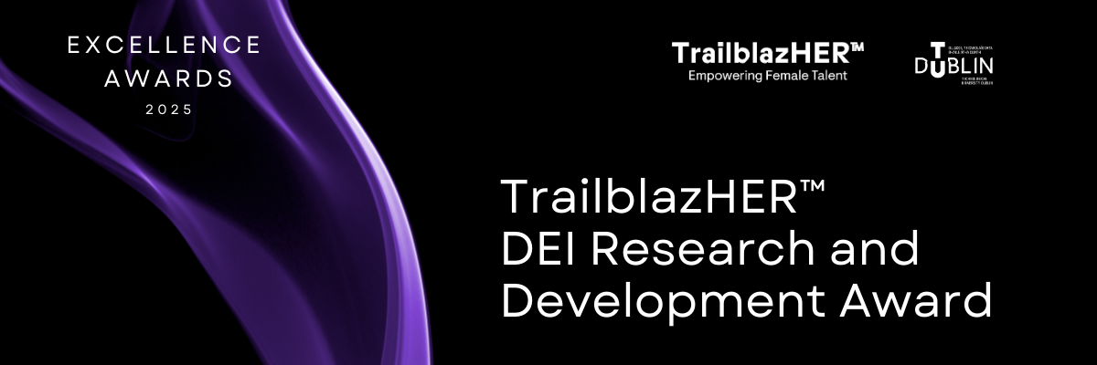 Black background with purple drape to the left with TU Dublin and TrailblazHER logos top right and the words 'Excellence Awards 2025' in left corner. The words