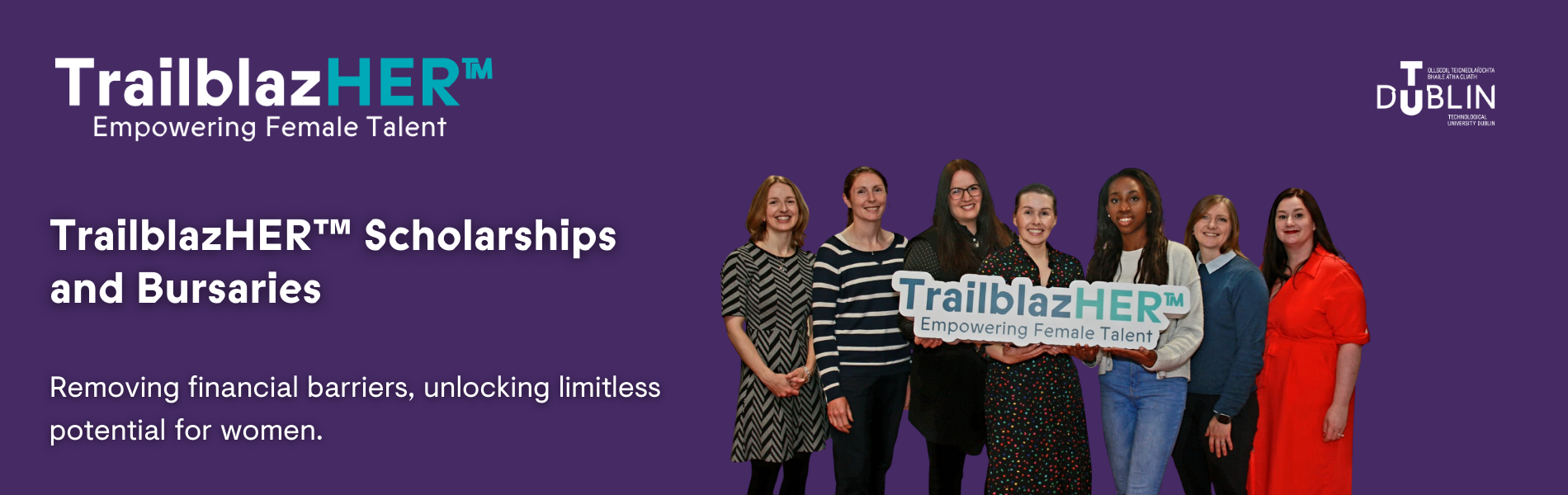 Purple rectangle with TrailblazHER and TU Dublin logos on each side with 