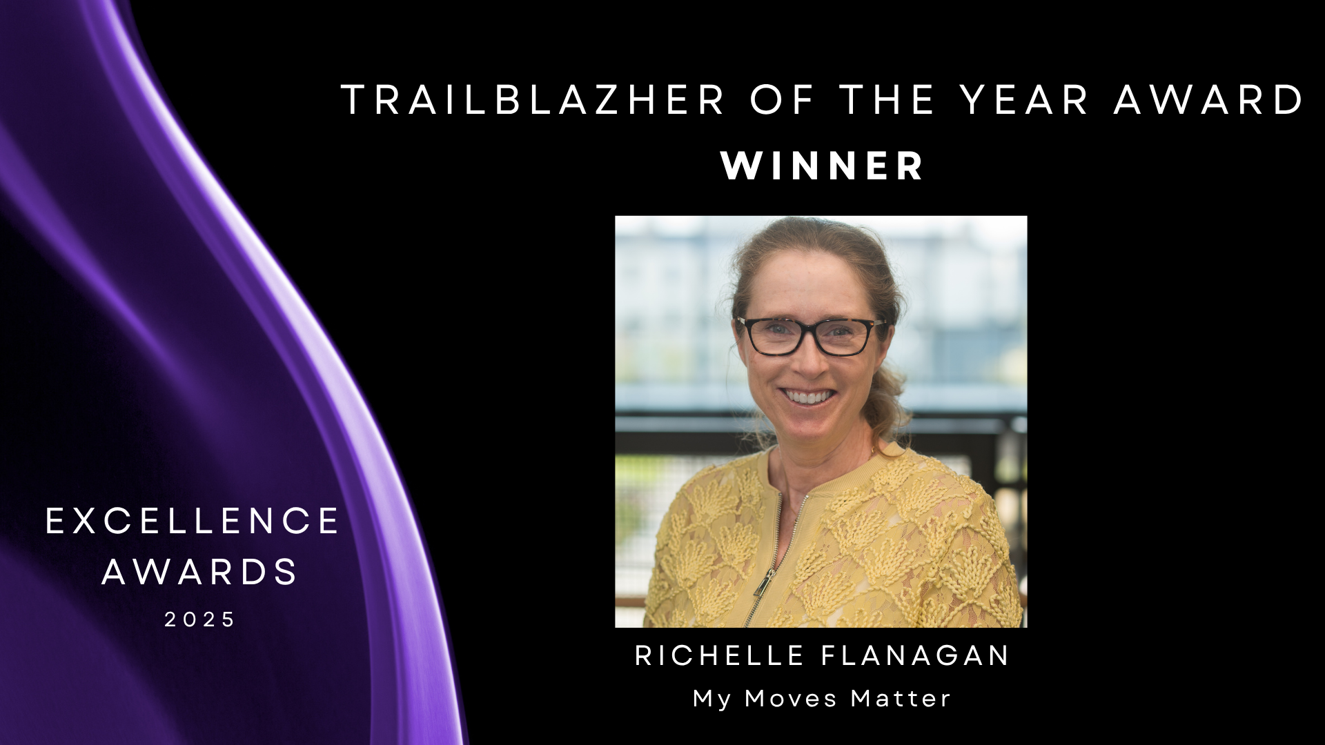 Black background with purple to left and headshot of Richelle Flanagan to the right