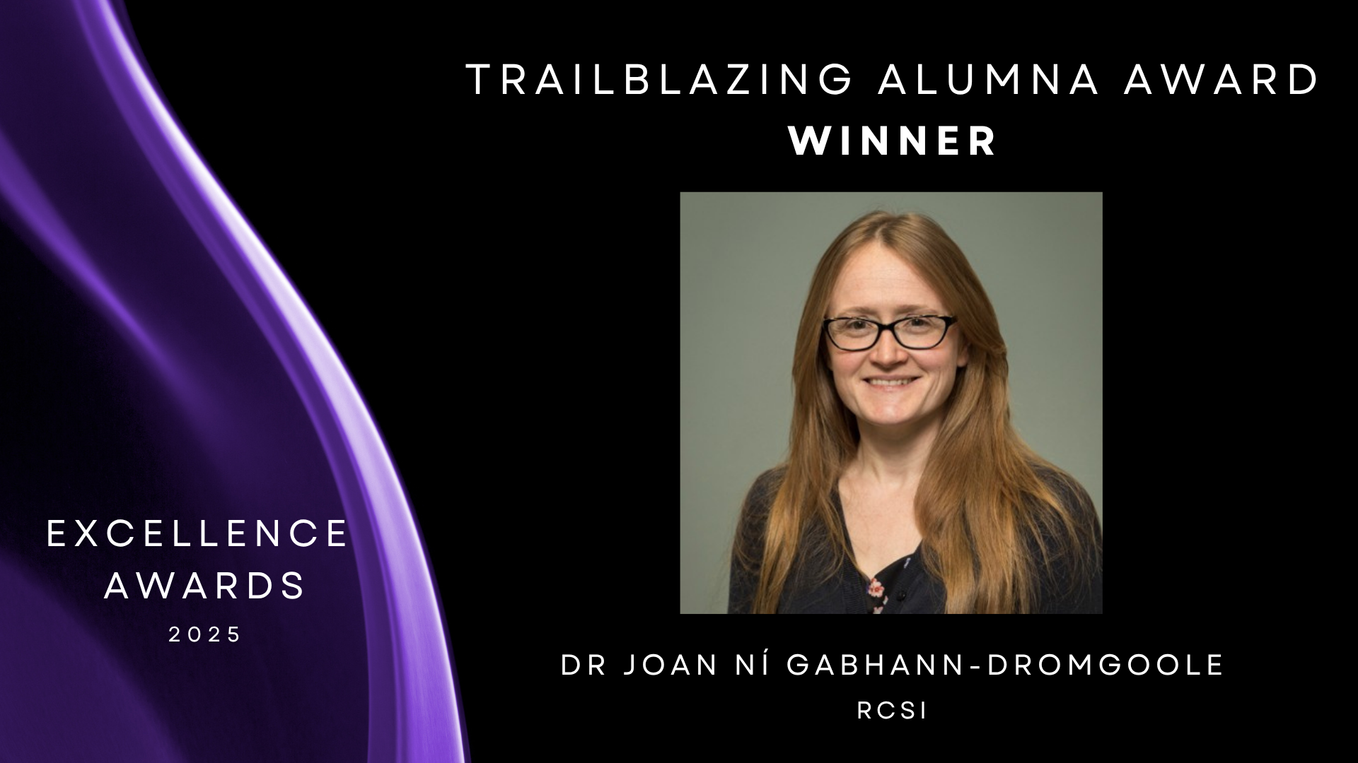 Black background with purple to left and headshot of Dr Joan Ni Gabhann to the right