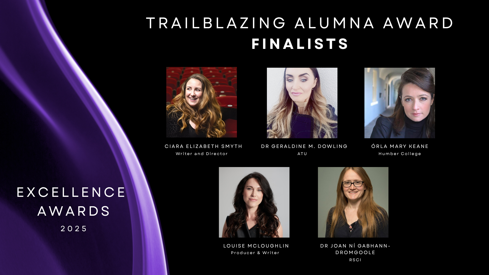 Black background with purple to left and 5 finalists headshots to right.