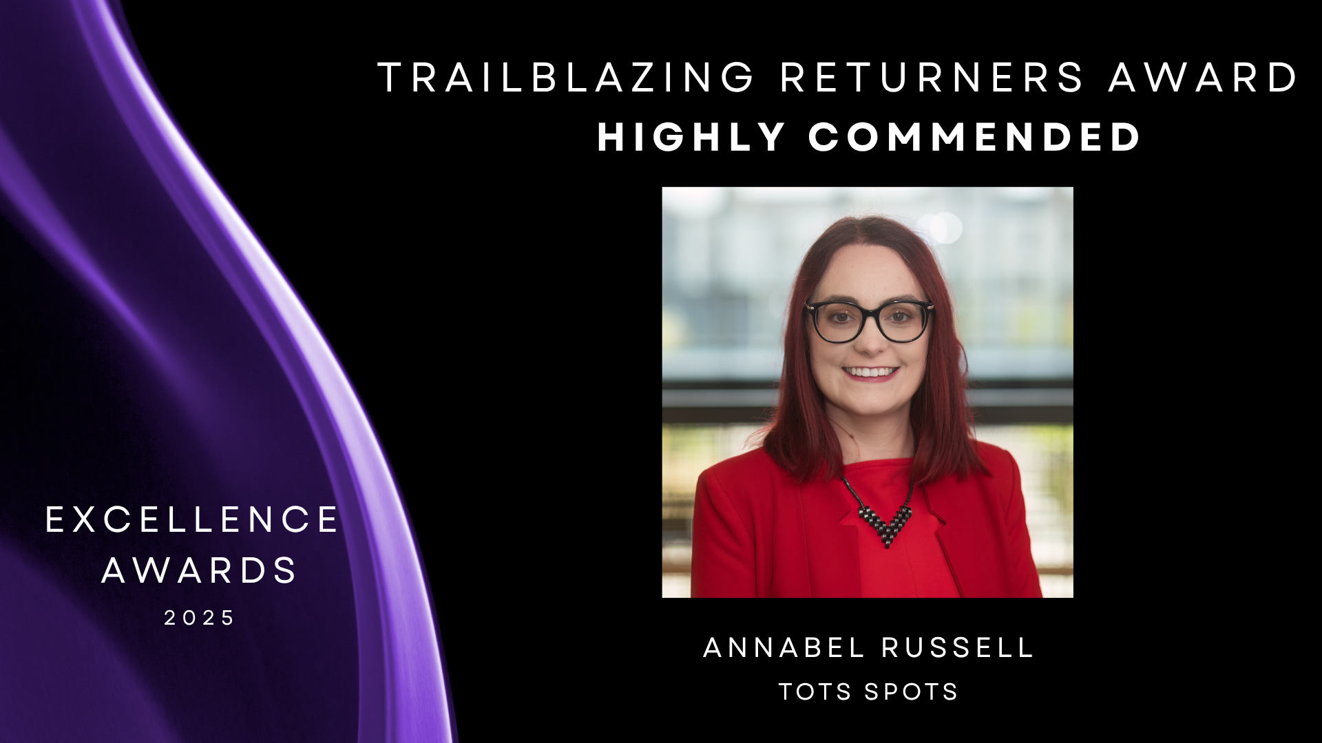 Black background with purple to left and headshot of Annabel Russel to right