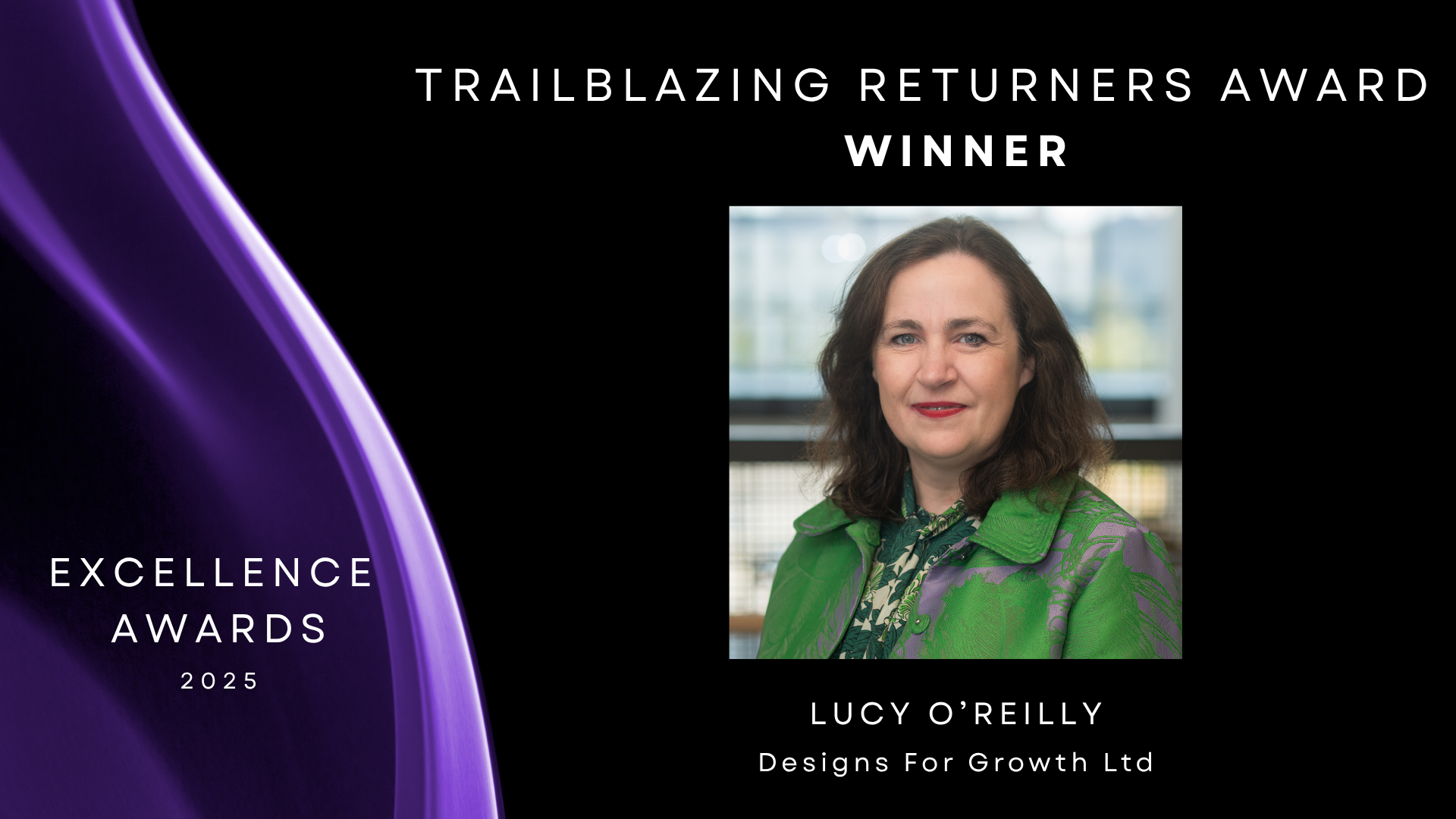 Black background with purple to left and headshot of Lucy O'Reilly to the right