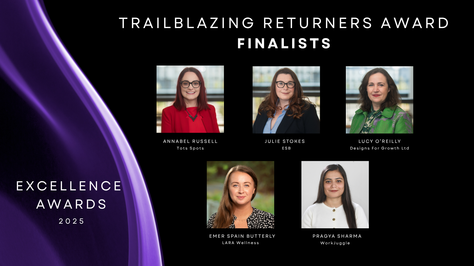 Black background with purple to left and 5 finalists headshots to right.