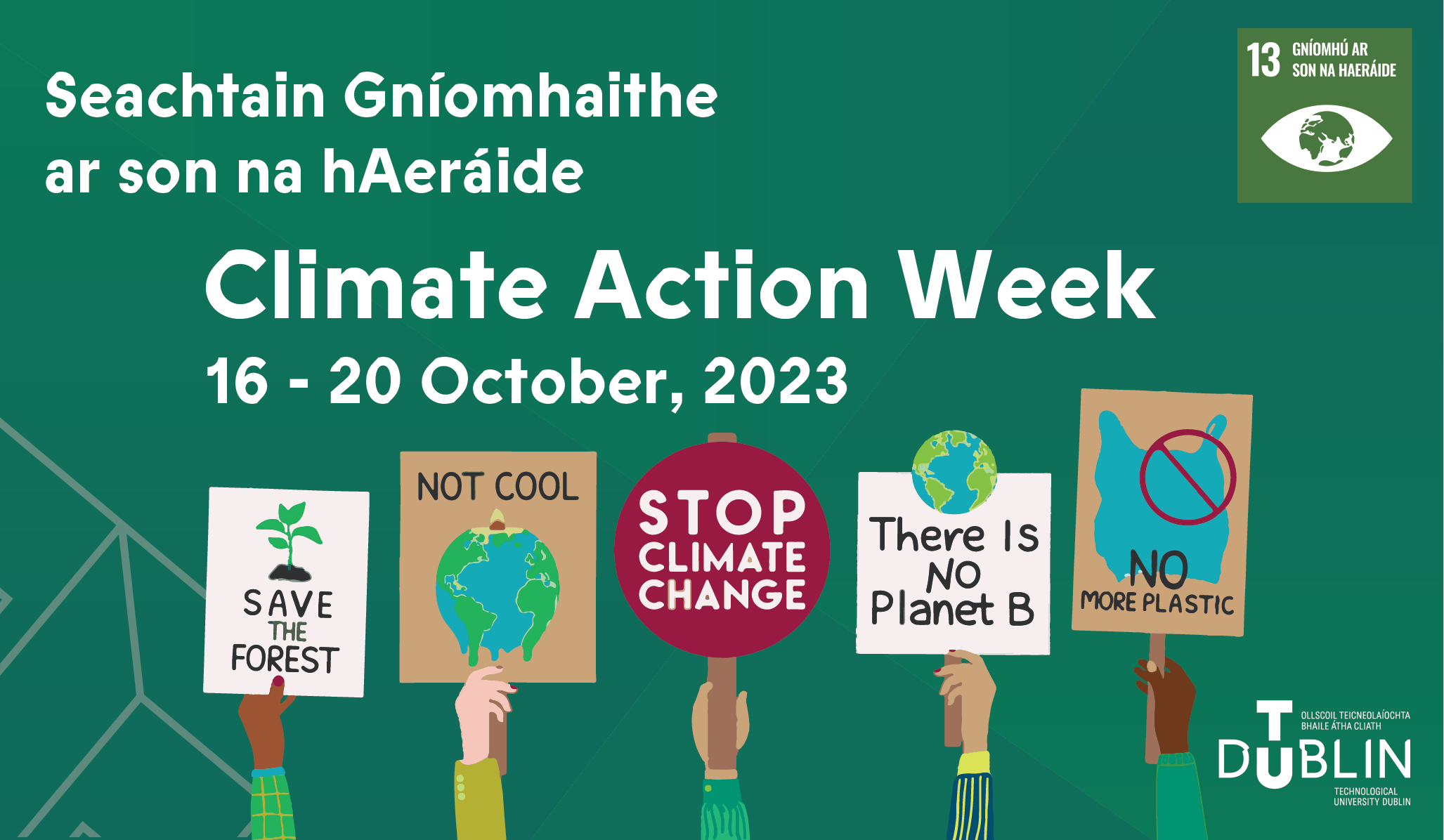 Graphic for Climate Action Week 2023 with green background and hands holding pickets