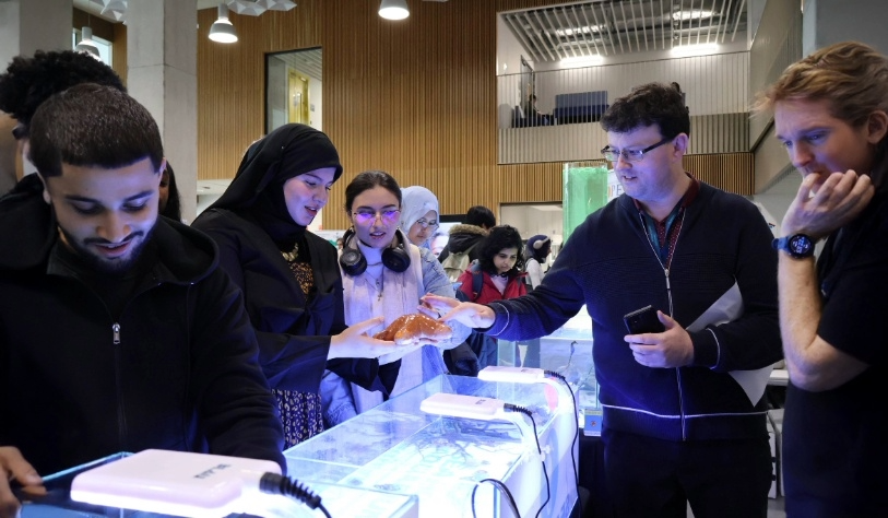 Image for cartoon people sitting at desks holding signs with environmental icons
