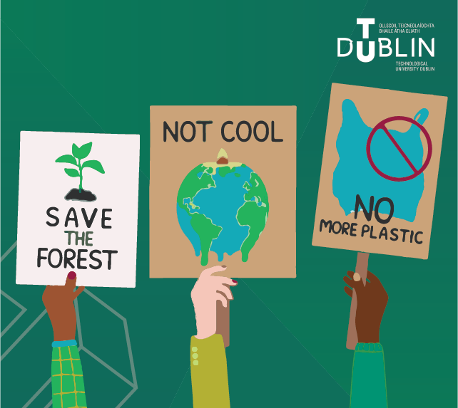 Green graphic with climate action pickets