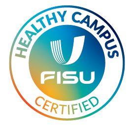 rainbow coloured FISU Logo saying Healthy Campus certified