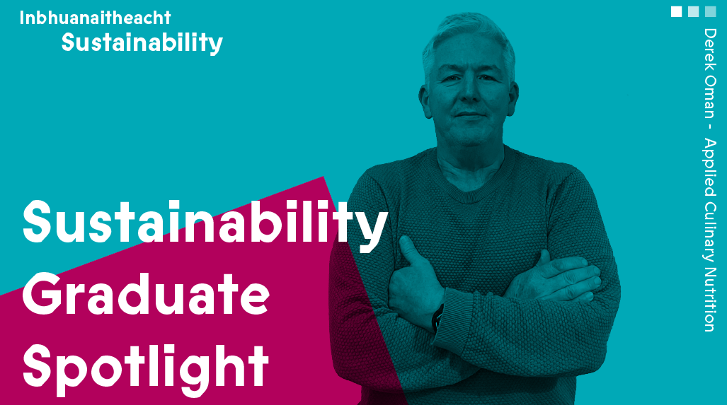 Derek Oman pictured as a feature for the Sustainability Graduate Spotlight spotlight.  A teal and pink graphic