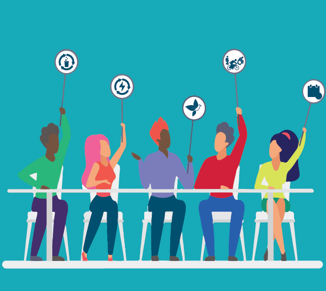 teal graphic with illustrations of people sitting around a desk with ideas for environmental themes