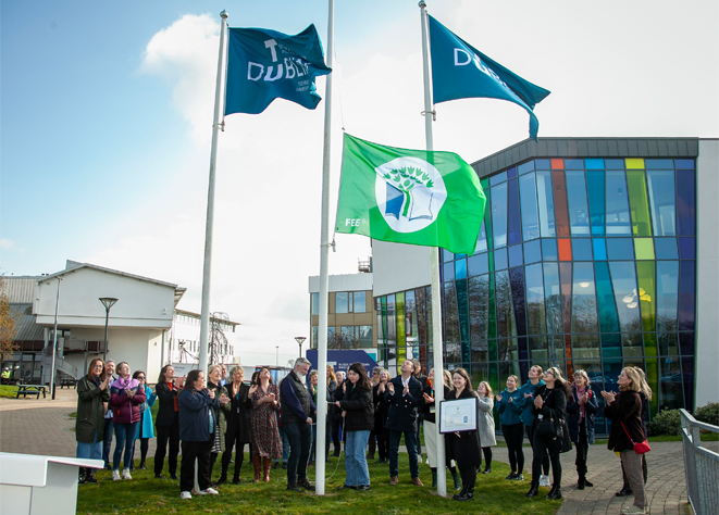 TU Dublin students and staff raising the Green Flag
