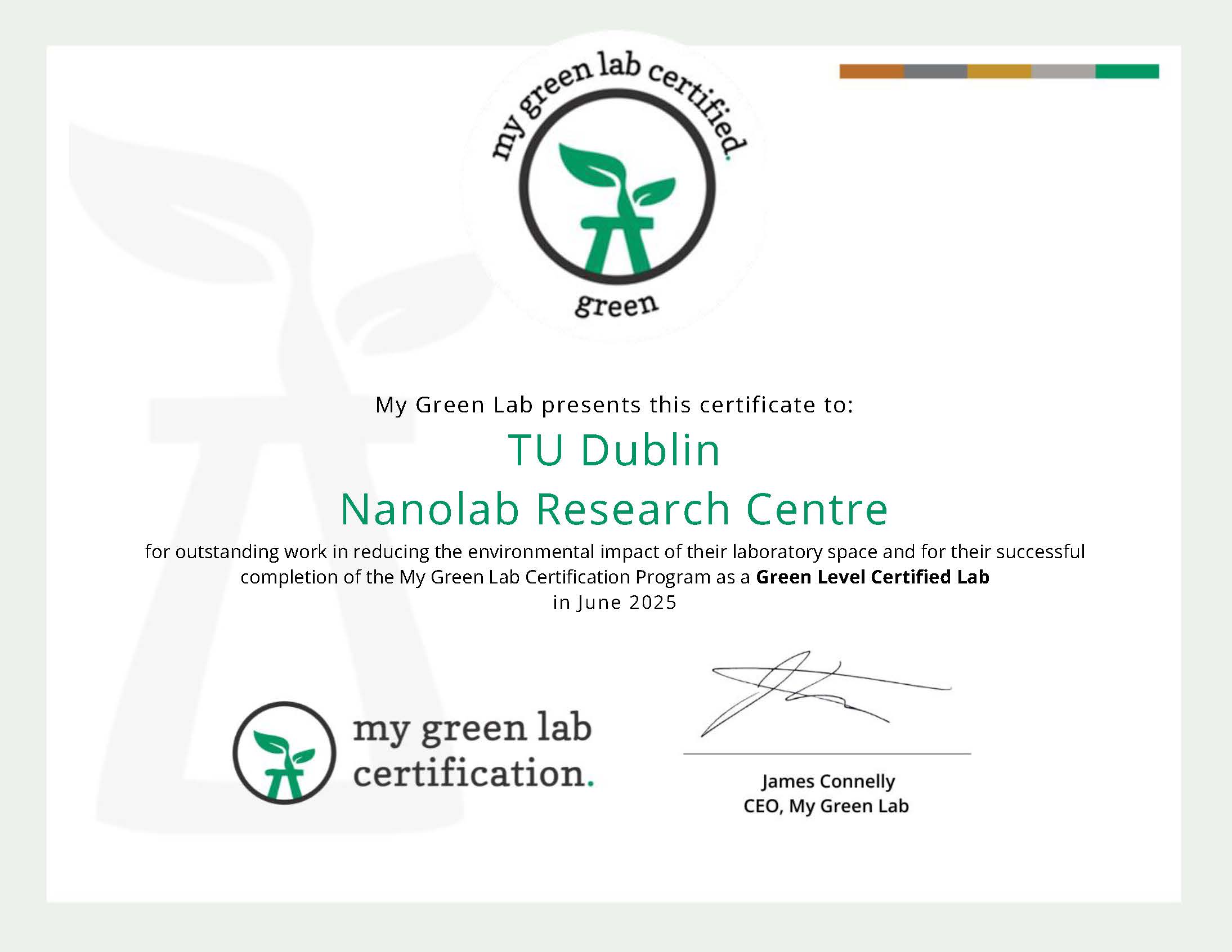 Nanolab Research My Green Lab certificate
