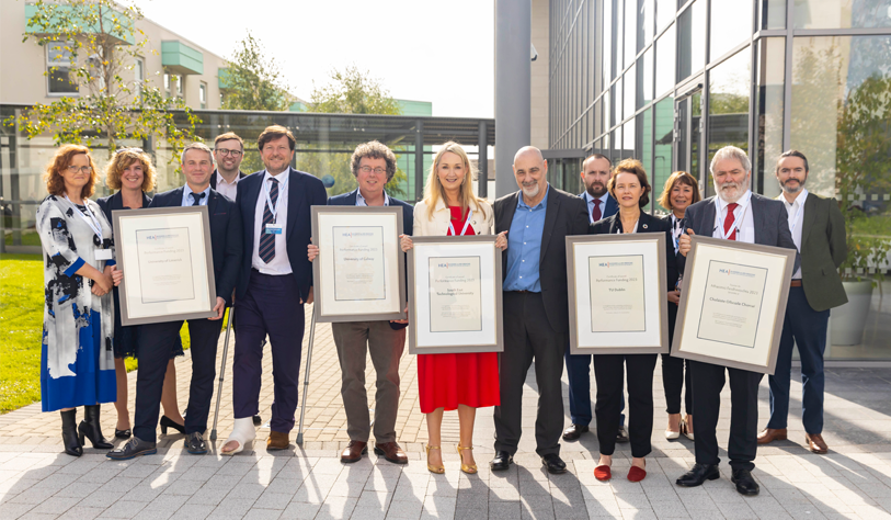 Simon Harris TD pictured with representatives from five higher education institutions at the launch of the Performance Funding 2023