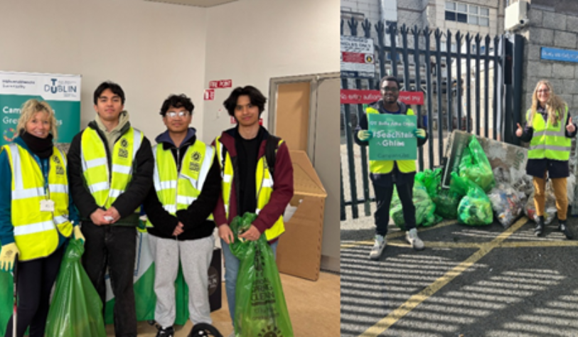 2 images.Left:3 males 1 female holding rubbish bags and litter pickers in front of climate action sign. Right-1 male 1 female stand in front of bags of collected litter
