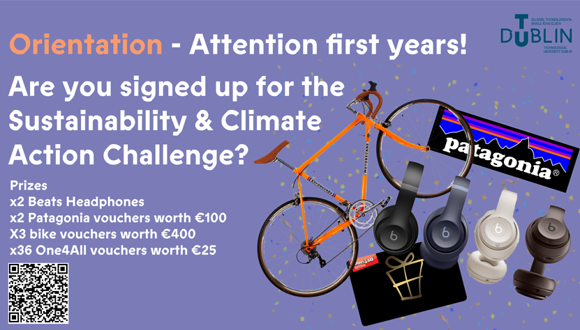 orientation Prizes graphic with qr code for sustainability challenge