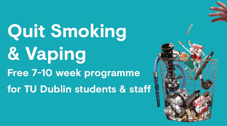 Image for Healthy campus Quit smoking and vaping poster in teal colour with hand throwing cigarette in the bin