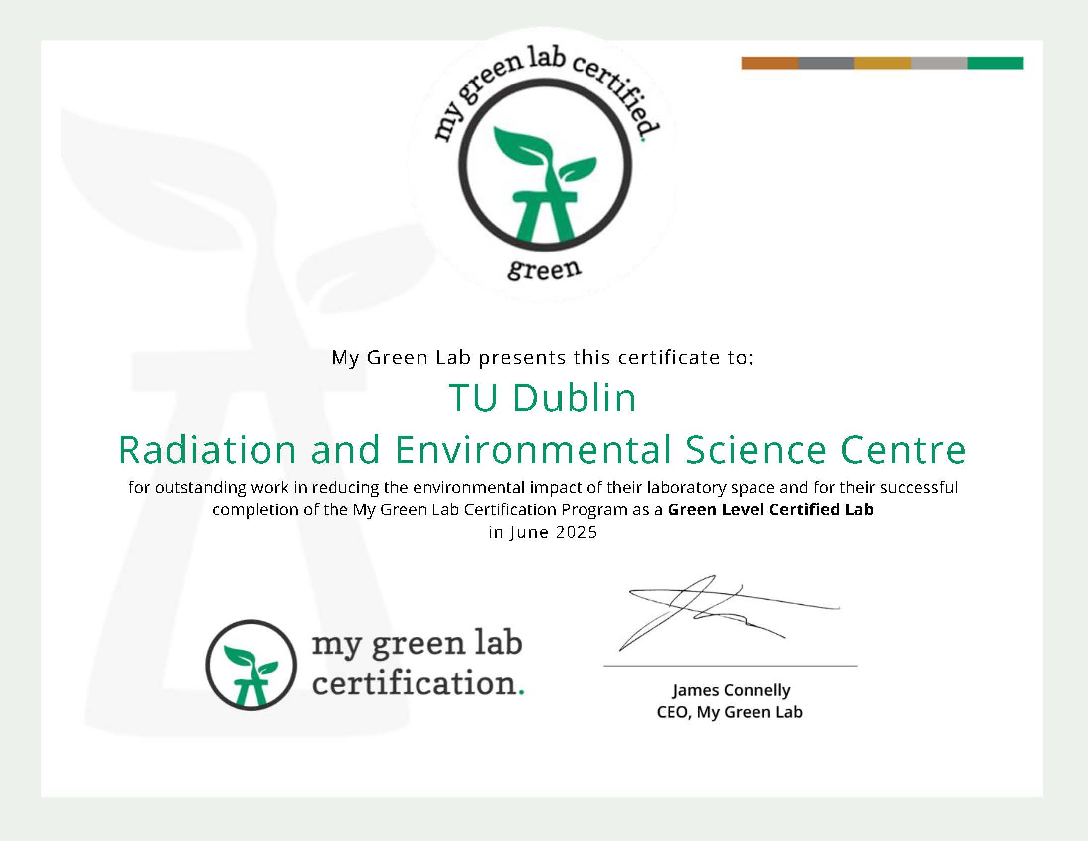 certificate for Radiation and Environmental Science Centre my green lab
