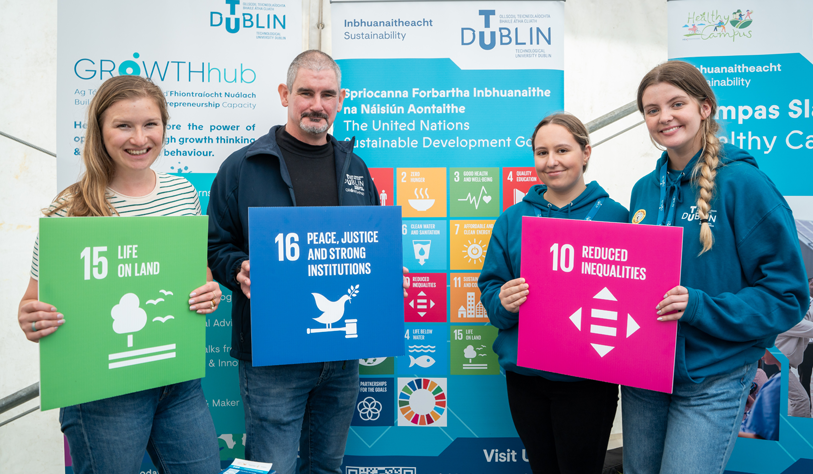 Sustainability team posed at the Sports and Societies with SDG signs