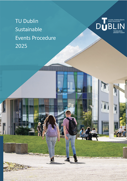 Sustainability events procedure document front cover shows teal and navy shapes with headings and image of students on campus
