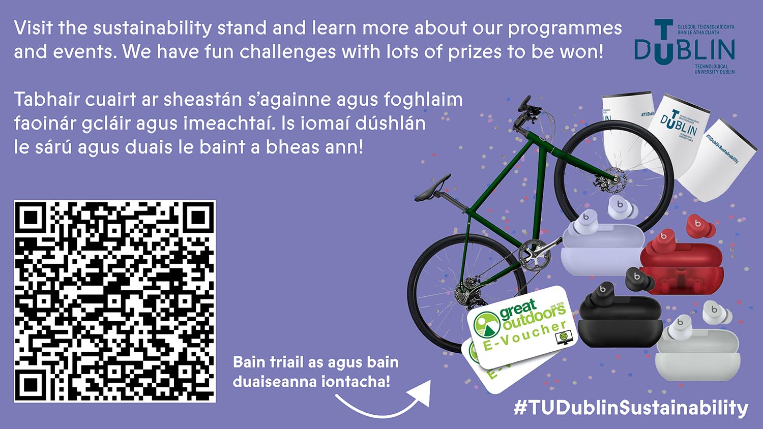 Purple graphic poster with QR to join orientation and win prizes