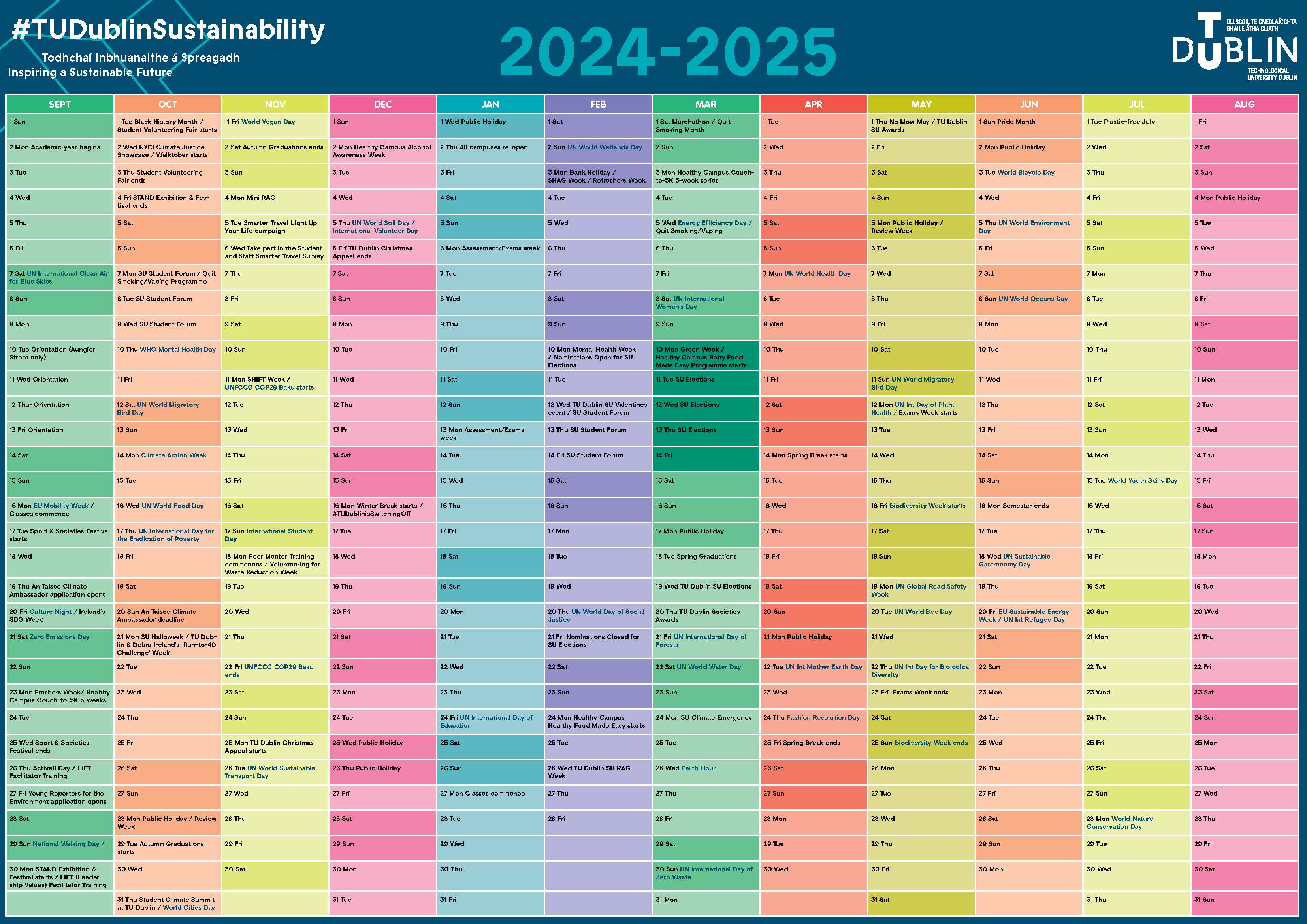 Colourful TU Dublin Sustainability Calendar 2024-2025