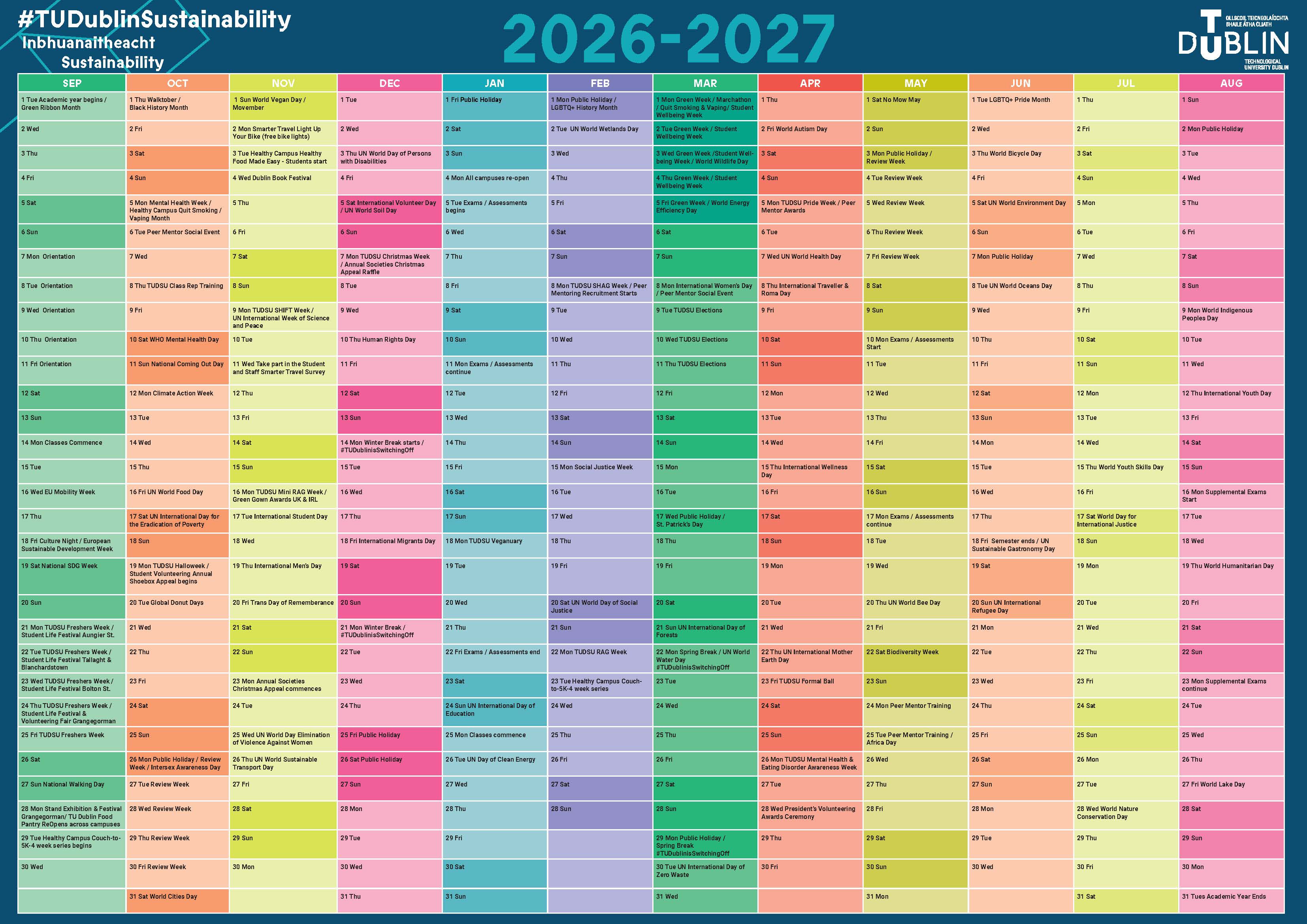 a 2026-2027 calendar and wall planner with key TU Dublin Sustainability dates in bright coloured cells