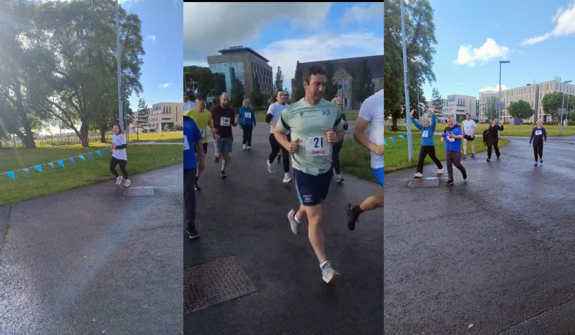 3 images-one woman running, group of people running, group of people walking