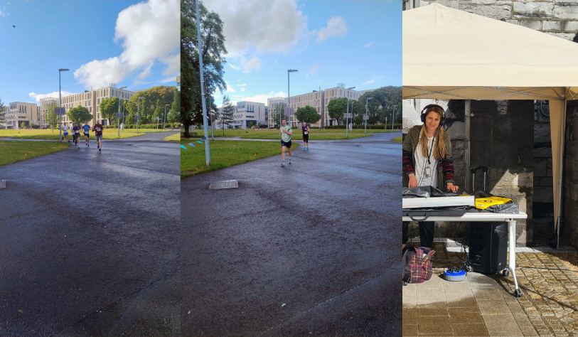 3 images-one man runs-group of men run-woman DJs